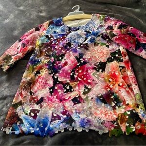 Caroline Rose Fab Art-Wear Lace Overlay Cut-Away Blouse, Size S